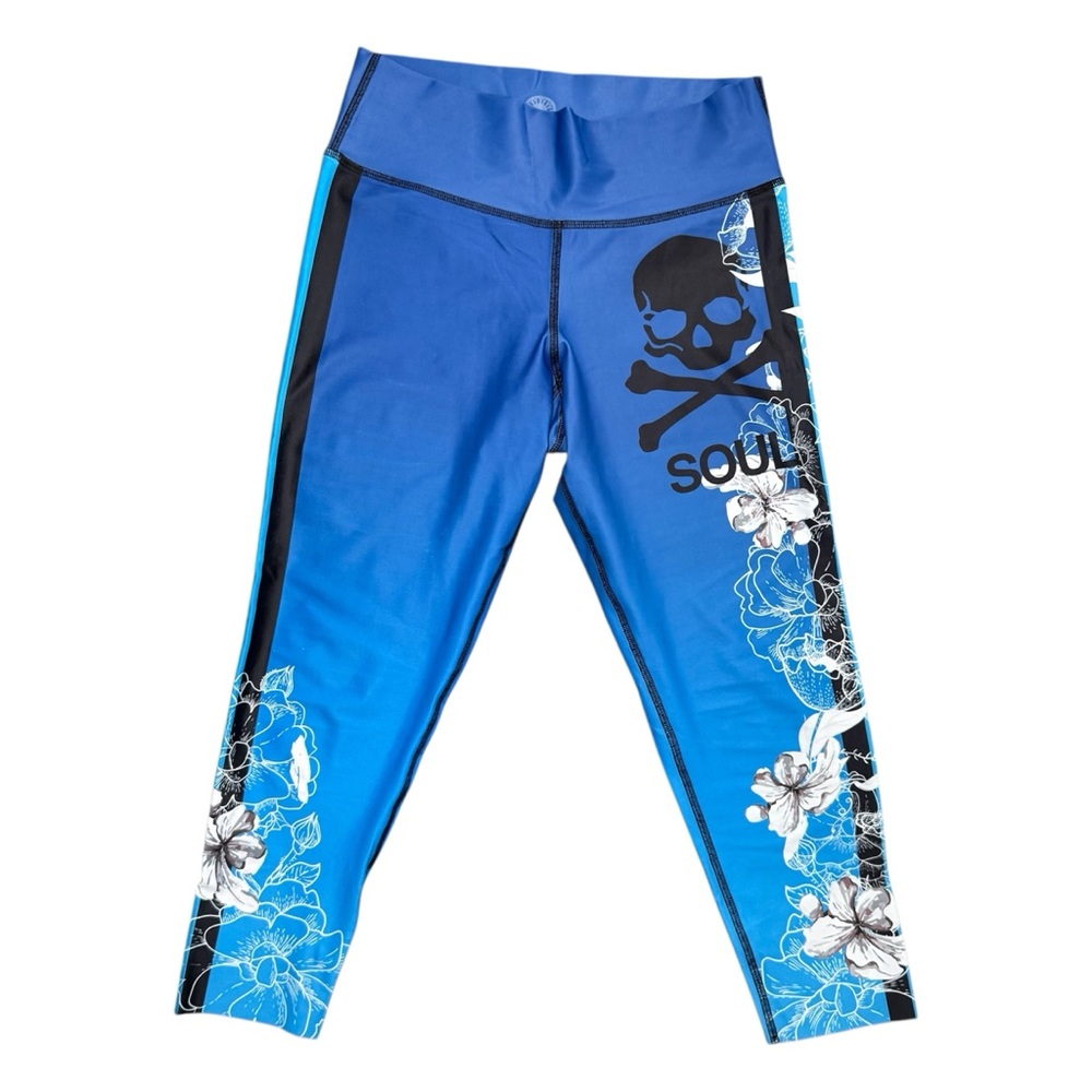 SoulCycle Blue Skull & Floral Graphic Cropped Leggings Capris - Medium *See Pics